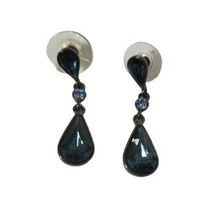 Givenchy Signed Blue Green Rhinestone Tear Drop Dangle Pierced Earrings